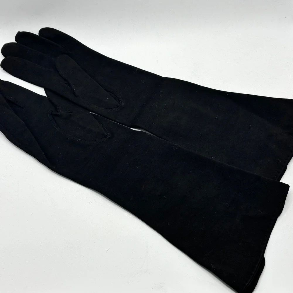 Wear-Right Vintage Black Cotton Opera Gloves Embroidered Western Germany Sz‎ 7.5